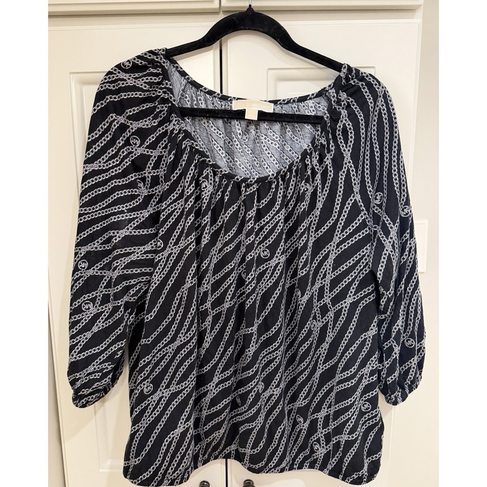 Michael Kors Chain Print Peasant Boho Blouse Black Gray Women's Large 3/4 Sleeve